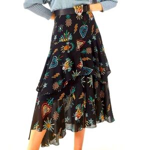FARM Rio Black Tiered Midi Skirt with Multicolor Embellished Motifs